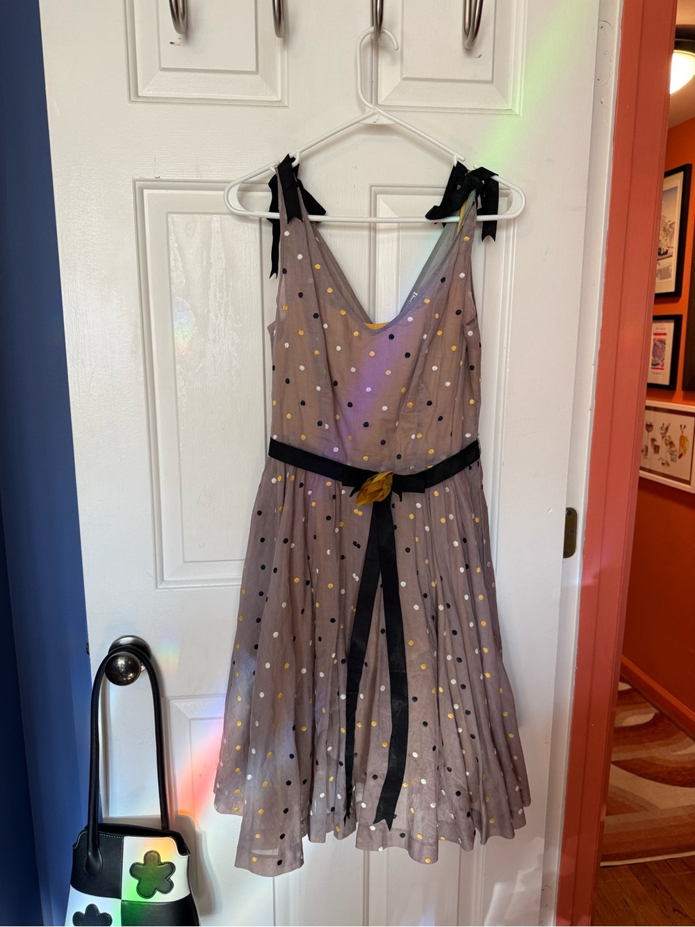 Barashi Brand Taupe Polka Dot Tie-Shoulder Dress with Black Belt